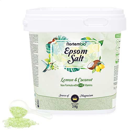 Nortembio Epsom Salz 3 Kg. Neuartigen Duft von Zitrone und Kokosnuss. Hydratisiert mit Vitamin C und E. Badesalz und Körperpflege. E-Book Inklusiv.