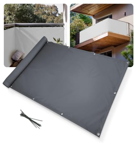 Home-Vision Balkon Sichtschutz Oxford Graphit 0,75m x 3m | Balkonabdeckung, Blickdicht, Wind- und UV-Schutz, Wetterfest, Mit Kabelbinder und Ösen