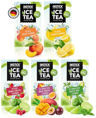 INSTICK Zuckerfreies Instant-Getränk (Bundle Eistee-Mix) verschiedene Eistee Sorten 5x12 Sticks - 1 Stick für 0,5-1 L - Veganes Getränkepulver Kalorienarm & Vitamin C - Instant-Pulver