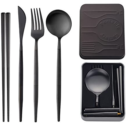 Portable Stainless Steel Cutlery Set with Case, TUPMFG 4 Pcs Reusable Travel Flatware with Chopsticks for Camping, Picnic, Office, Outdoor(Black)