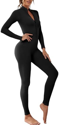 Vertvie Damen Jumpsuit Eng mit Reißverschluss Body Outfits Playsuit Langarm Bodycon Strampler Sportanzug Yoga Fitness Slim Jogginganzug(A-Schwarz,M)