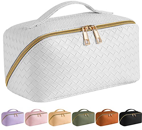 SFXULIX Large Capacity Travel Cosmetic Bag - Makeup Bag, PU Leather Waterproof Cosmetic Bag, Women Portable Travel Makeup Bag with Handle and Divider Flat Lay Makeup Organizer Bag, White