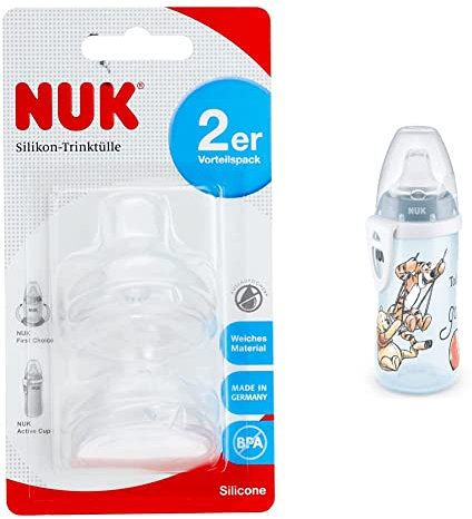 NUK First Choice Juego de 2 boquillas, 6 a 18 meses & Active Cup Vaso para aprender a beber,para niños de 12 meses o más,clip y tapa para viaje,300 ml, sin bisfenol A,1 Unidad(Paquete de 1)