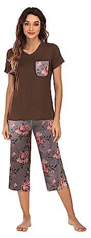 Famulily Cropped Pyjamas for Women V-Neck Soft Loungewear Short Sleeve Summer Pjs Set Soft Brown M