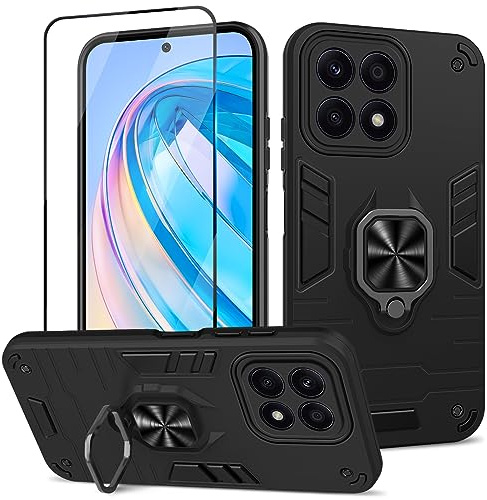 Btstring Hülle kompatibel mit Honor X8a mit Schutzfolie, Militär Standard Stoßfest Handyhülle Case Hybrid Metall Ring Halter Schutzhülle Handy Hüllen Cover- Schwarz