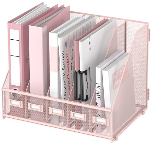 SUPEASY Schreibtisch-Organizer aus Metall, Zeitschriftenhalter mit 5 vertikalen Fächern, Organizer für Büro, Schreibtisch, Heimarbeitsplatz, Pink Plus