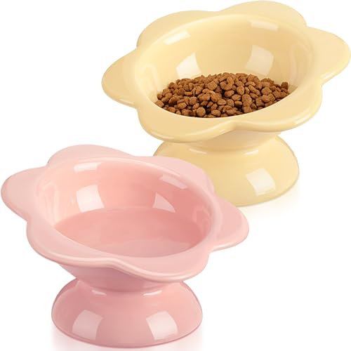 Hushee 2 cuencos elevados para gatos inclinados y elevados en forma de flor, plato de cerámica para gatos, sin estrés en el cuello y la columna vertebral, apto para lavavajillas, cuencos de