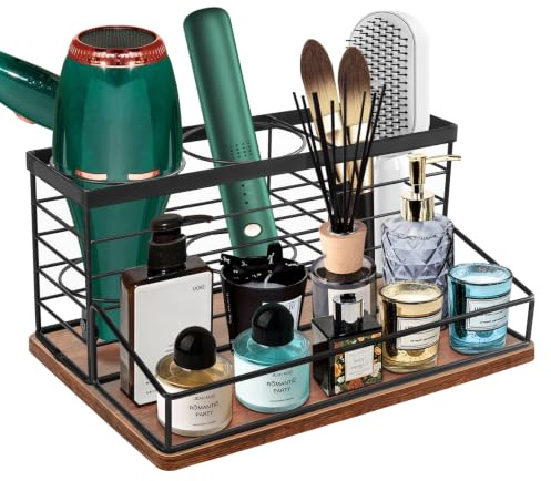 Siyzda Hair Tool Organizer, Movable Hair Dryer Holder, Hair Styling Tools Storage for Vanity, Bath Counter Organizer, Bathroom Trays for Hair Toiletry, Makeup (12 x 7.7 x 5.8, Wood-Black)