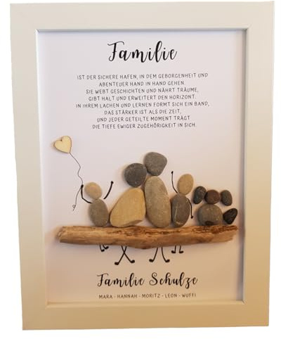 Steinbild Familienbild perfektes Geschenk zum Geburtstag Weihnachten zum Einzug Eltern Kinder Mama Papa Geburtstagsgeschenk Familie Haustier (A4, 5 Figuren, Rahmen schwarz)