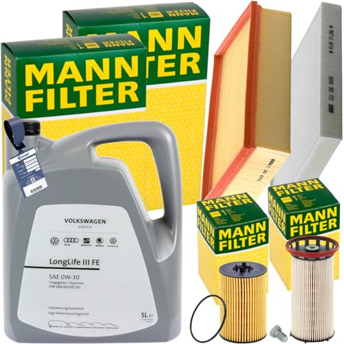 Mann Inspektionspaket+5L 0W-30 Öl | CU26009+C30005+HU7020Z+PU8028+588.670.001+MN1801 passend für A3 8V Golf 7 Tdi