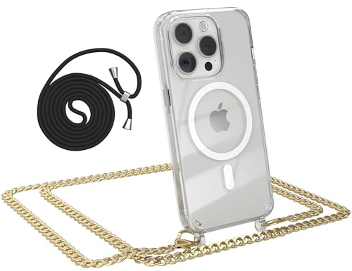 EAZY CASE - Handykette kompatibel mit iPhone 15 Pro Kette zum Umhängen Stoßfest Handyhülle für iPhone 15 Pro Silikon Hülle mit Band aus Metall Transparent als Fallschutz in Metall - Gold