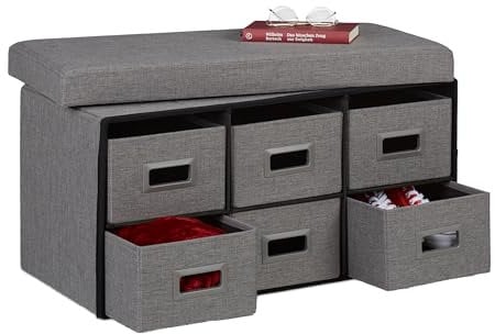 Relaxdays Sitzbank mit Schubladen, 6 Schubfächer, Sitzpolster, HxBxT: 39 x 75,5 x 37 cm, Flur, Faltbare Sitztruhe, grau