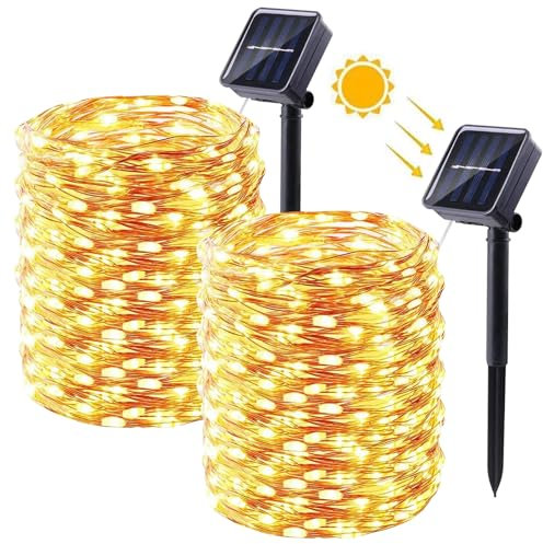 Moxled [2 Stück] Solar Lichterkette Aussen - 2x15M 150 LED Lichterkette Außen Solar Wasserdicht, 8 Modi Kupferdraht Solar Lichterkette für Garten, Terrasse, Balkon, Hof, Hochzeit, Party (Warmweiß)