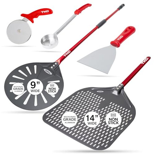 TKC Perforiertes Pizzaschaufel-Set mit 35,6 cm XL-Schäler und 22,9 cm Pizzaschaufel, ultimatives Set mit Teigschneider, Pizzaschneider-Rad und Soßenkelle – kommerzielle Qualität Pizzaschaufel