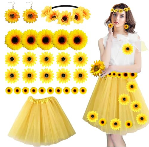 Damen Sonnenblumen Kostüm, +Tutu Rock Gelb Tüllrock + 1 Paar Sonnenblumen baumeln Ohrring + Sonnenblumen Stirnband Haarschmuck + 25pcs Sonnenblumen Blütenköpfe für Karneval Mottoparty Cosplay