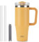 Coffee Cup Travel Mug with Handle, 30oz Tumbler with Lockable Lid, Stainless Steel Vacuum Insulated Water Bottle with Straw, Leakproof & Portable Travel Cup for Hot and Cold Drinks (Mustard Yellow)