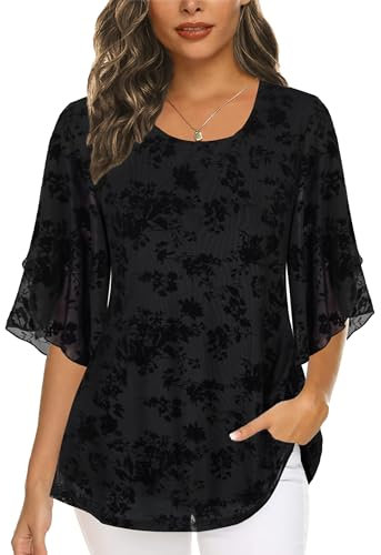 Timuspo Damen Chiffon Tunika Modern Bluse Halbärmel Oberteile Basic Tops Elegant Sommer Lose Hemdbluse Grau XXL