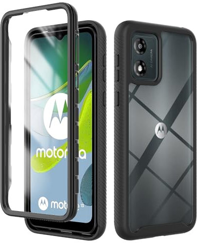 PEIYE Coque pour Motorola Moto E13, Protection 360°, Film Protecteur Intégré, Housse Armor Bumper Antichoc, Étui en Silicone avec Cadre Souple et Dos Transparent en PC Dur -Noir