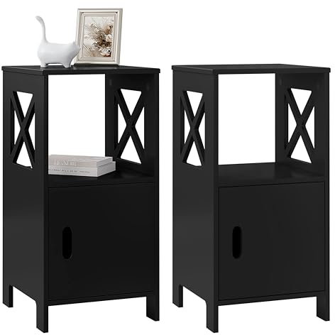 WOLTU Nachttisch, 2er-Set, Nachtschrank mit 1 offenem Fach und 1 Fach mit Tür, modernes Nachtkästchen, als Beistelltisch Sofatisch, für Schlafzimmer Wohnzimmer, Schwarz, 30x60x30 cm