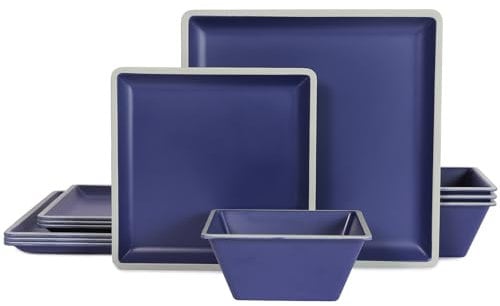 Square Melamine Dinnerware Sets, Durable Square Dinner Plates and Bowls Set,12-Piece Set Non-breakable Lightweight Dinner Tableware Sets, Service for 4