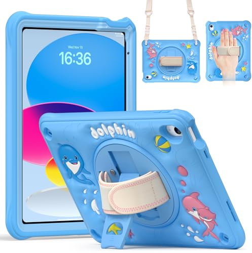 Gerutek Niño Funda para iPad 11ª 2025/10ª Gen 2022 (11/10,9 Pulgadas), Carcasa Rugosa con Pulsador Soporte Giratorio, Correa de Mano/Hombro, Diseño de Dibujos Animados, Funda Infantil iPad A16, Verde