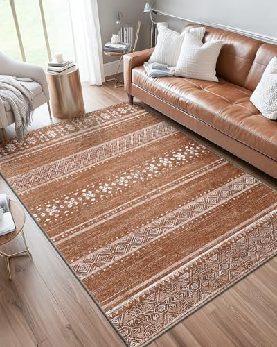 DEFYNEE Teppich Wohnzimmer 160x210 cm, Kurzflor, rutschfest und Weich, Für Wohn-, Schlaf- & Kinderzimmer, Dunkelbraun