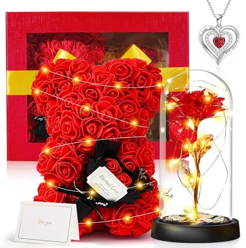 Geschenke für Frauen Muttertagsgeschenk für Mama - Rosen Blumen Bär mit Lichtern und Ewige Rose im Glas Halskette Set, Rose Geschenk mit Geschenkbox für Frau Freundin Mama, Jahrestag Geschenk