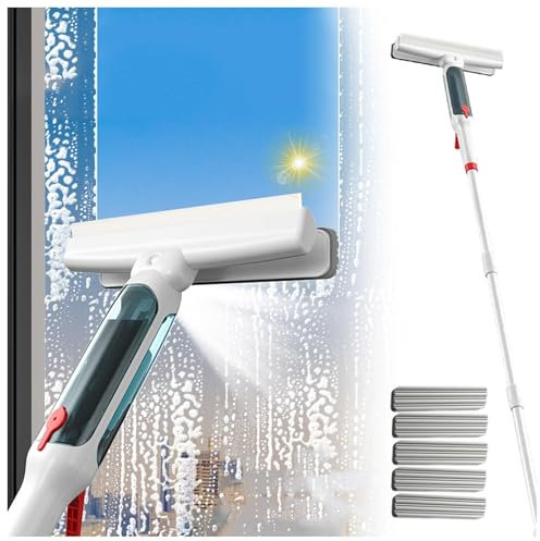 RYJYQYX 4 en 1 Spray Limpiacristales con Mango Extensible(190cm), Limpiacristales Profesional con Colector De Aguas Residuales Y 5 Paños para Ventanas Altas Interiores/Exteriores
