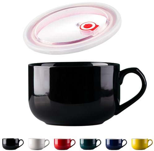 Dowbom Bol à soupe avec couvercle, bol à ramen en porcelaine, bol à nouilles instantanées pour micro-ondes (noir)