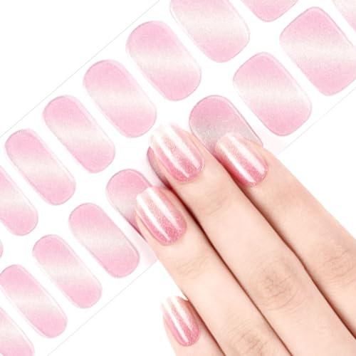 ChicNana Pink Semi Cured Gel Nails Strips, 20 Glitter Gel Nail Wraps, High Gloss, UV/LED Lamp Required (242-Cateye Pink)