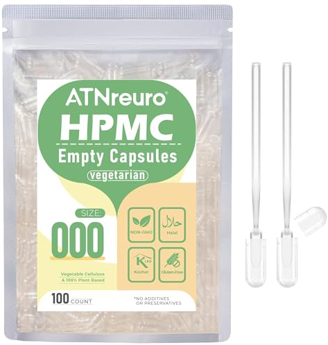 ATNreuro Vegane Leerkapseln Größe 000 (100 Stück), Leere Kapseln zum Befüllen, HPMC Kapselhülle mit 2 Mikrolöffeln, Transparent Vegan Vegetarisch, Kompatibel mit Kapselfüller Größe 000