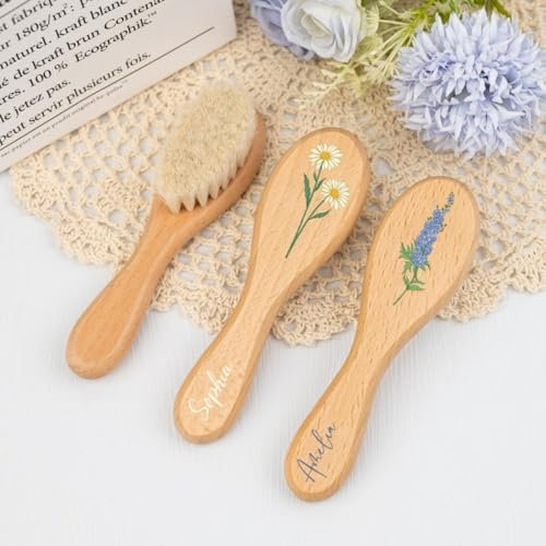 Haarbürste mit Geburtsblumen, Baby-Haarbürste, Holz-Bürste, Neugeborenen-Haarbürste, personalisierter Name Haarbürste (1 Stück)