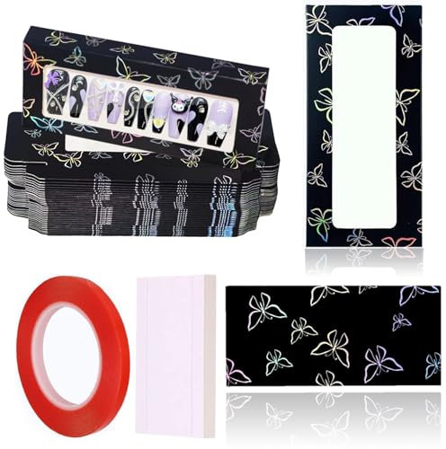 71 PCS Press on Nail Packaging with 35 PCS Shiny White Cardboard and 1 Double Sided Tape Nail Supplies for Nail Business (Black, medium)