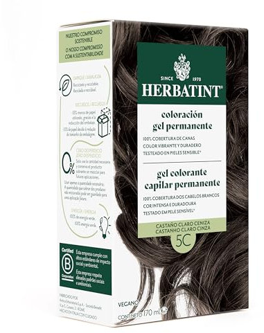 Herbatint Gel de Coloración Permanente para Cabello 5C Castaño Claro Ceniza - 170 ml | Sin Amoníaco, Cobertura Óptima de Canas | Fórmula Vegana, con 8 Extractos Vegetales Orgánicos