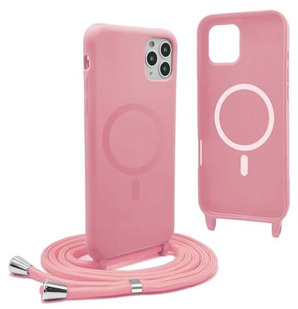 Magnetic Cover for iPhone 11 Pro with Lanyard, Compatible with MagSafe, Silicone Case with Adjustable Neck Strap Nylon Chain Necklace – Pink