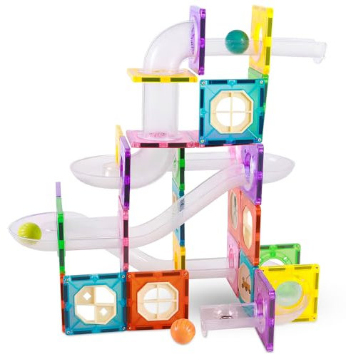 Bambini Magnetische Fliesen Set - Murmelbahn - Spielzeug Bausteine Kugelbahn - Montessori Spielzeug - Fliesen Kinderspielzeug - Pädagogisch - Für 3+ Jahre Alte (Mehrfarbig – 83 Stück)