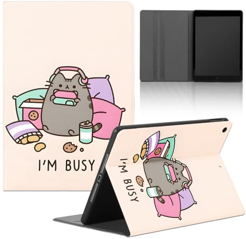 Funda Tablet para iPad 9/8/7 10,2, Modell 2021/2020/2019, 9./8./7. Generation, TPU Carcasa Kawaii Anime Pusheen Lindo Gato Dibujos Animados Diseño Stand Función PU Cuero Flip Protectora Cover,Lindo