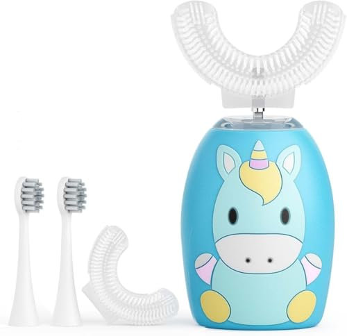 Brosse à dents électrique pour enfants en forme de U, brosse à dents automatique à ultrasons à 360 degrés avec 4 têtes souples, minuteur, 2 modes, étanchéité IPX7 (bleu)