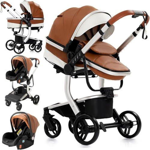 3 in 1 Luxus Kinderwagen aus PU-Leder mit Babywanne | Wendbarer Kinderwagen mit hoher Landschaft | Zusammenklappbar für Neugeborene und Kleinkinder (Khaki)
