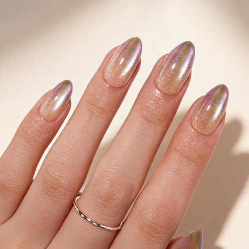 VSALON Nägel zum Aufdrücken, kurze Mandel, 32 Stück, 16 Größen, Katzenaugen-Nägel zum Aufdrücken, lila, grün, Ombré-Glitzer, weiches Gel, Kunstnägel mit UV-Kleber, wiederverwendbar, Sommergeschenke