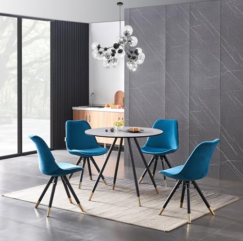 P&N Homewares Sofia Dorchester LUX Round Dining Table Set – Marble Effect Top, 4 Velvet Chairs – Scandinavian Style, Black Metal Legs with Gold Tips – Kitchen Dining Room Furniture