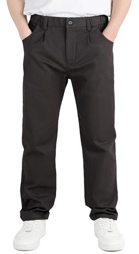 CAMLAKEE Boys School Trousers Kids Chino Pants Straight Uniform Pull on Soft Bottoms Elastic Waist with Zip and Button Closure Black UK 13-14 Years Label Size 170