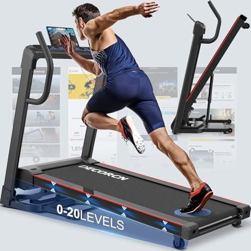 Decorcn Laufband für Zuhause - 7 PS, bis 18 km/h. Profi Große Lauffläche Laufband Klappbar, 20 Neigungsstufen Leise Walking Pad mit interaktivem LCD-Display & Bluetooth, bis 180 kg