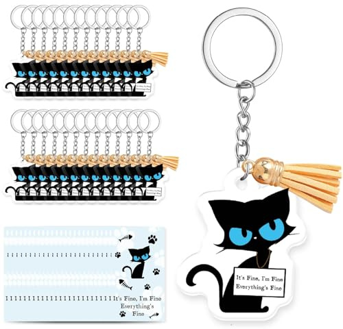 CREATCABIN 36 Ensemble de Porte Clés Chat Noir Acrylique avec Anneaux Ouverts Pendentif Pompon Cartes D'Encouragement Cadeaux de Soutien Émotionnel pour Collègues Équipe Personnel de Bureau Employés