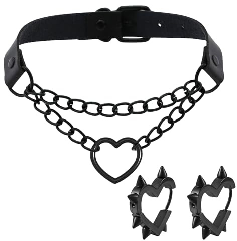FloralGrace Goth Herz Kette Choker Schwarzes Herz Ohrringe Schmuck Set Gothic Punk Grunge Emo PU Leder Halskette Y2k Huggie Hoop Spike Schwarzes Ohrring Schmuck Geschenk