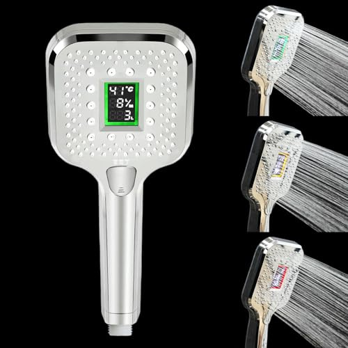 JINYOMFLY Duschkopf mit Temperaturanzeige, Durchflussanzeige, Verbrauchsanzeige, 3 Duschmodi Duschkopf Temperatur mit LED Beleuchtung, LED-Digitaldisplay, Batteriefrei