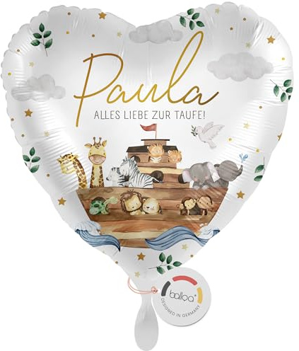 balloa Personalisierter Ballon mit Namen, Geschenk zur Taufe, herzförmiger Folienballon mit Arche Noah und Tieren, Helium geeignet, Wunschname, Deko für Tauffeier, Taufgeschenk Junge Mädchen, 33cm