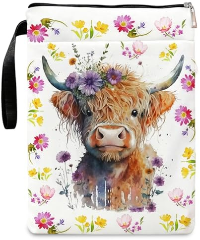 Highland Cow Book Sleeve, Waterproof Book Covers with Zipper and Front Pocket, Highland Cow Gifts for Women Girls Bookworms Librarian, Book Lovers Bookish Gifts Pouch Bag, 11.61x8.27 in