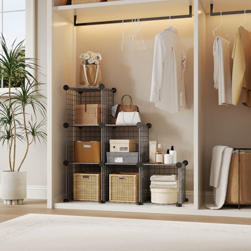Garvee Modular 6-Cube Wire Grid Storage Organizer – Metal Closet Shelving Unit – DIY 12.6 Cubes for Entryway, Bedroom, Living Room, Office – Open Storage Cabinet – Grey