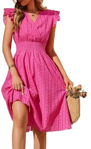 PASUDA Robe Femme Été Chic et Elegant Robes D'été Coton Col V Manches à Volants A-Line Midi Robe Courte Taille Haute Élastiquée Robe de Plage Boheme Casual Décontracté avec Poches (Rose, L)